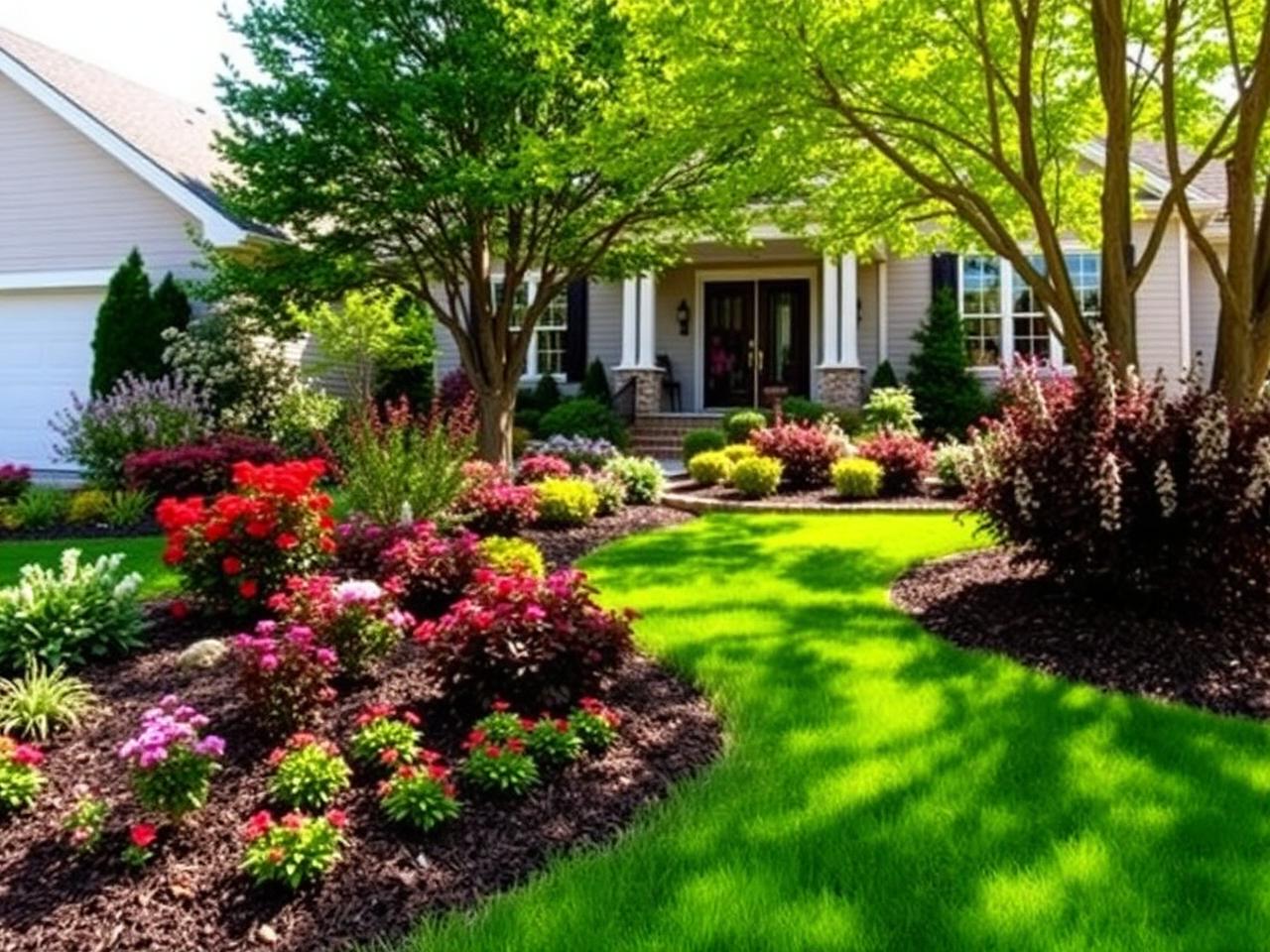 Beautifully landscaped front yard with flower beds and lush lawn