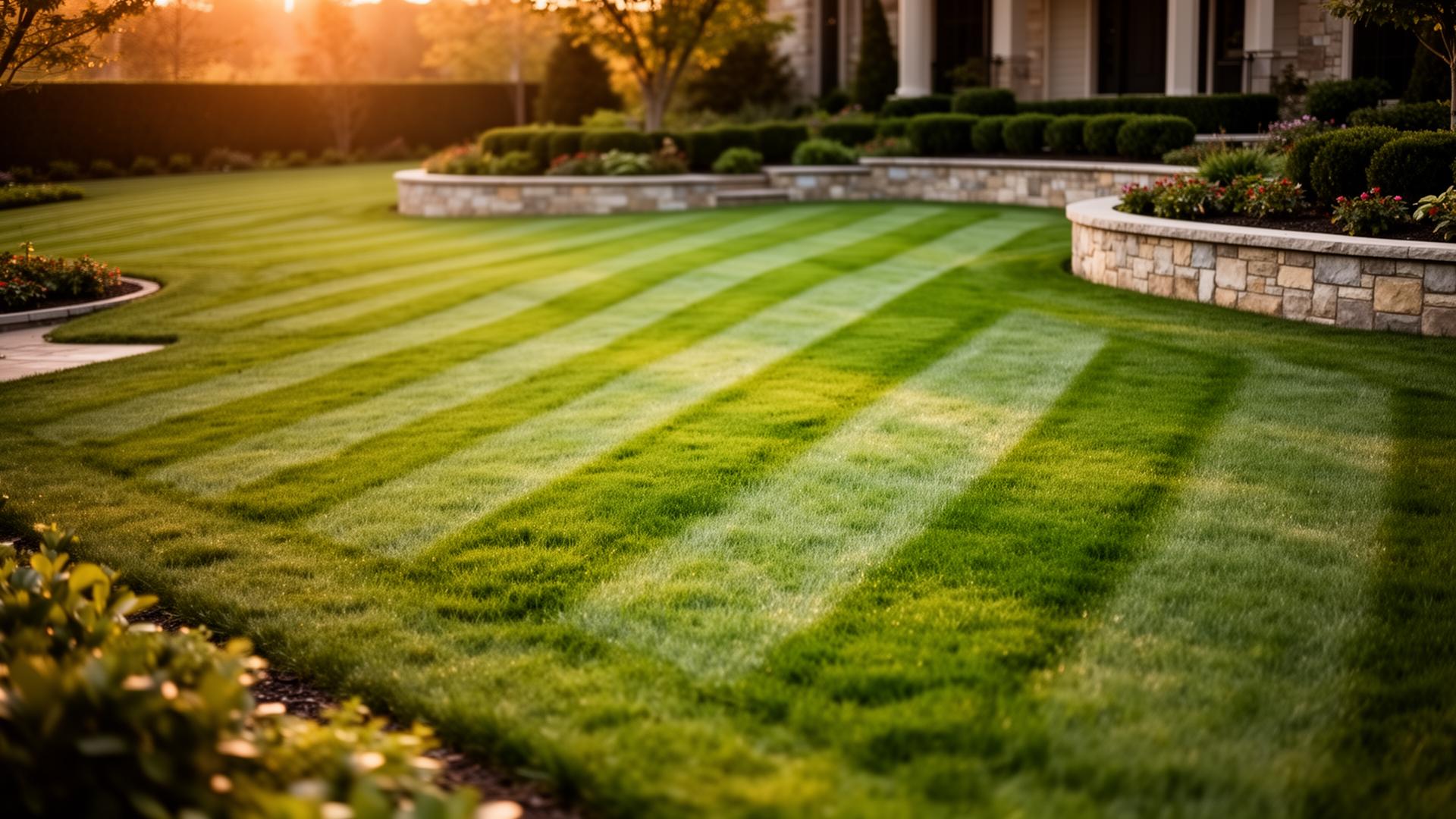 Pristine professionally mowed luxury lawn with crisp diagonal stripes at golden hour